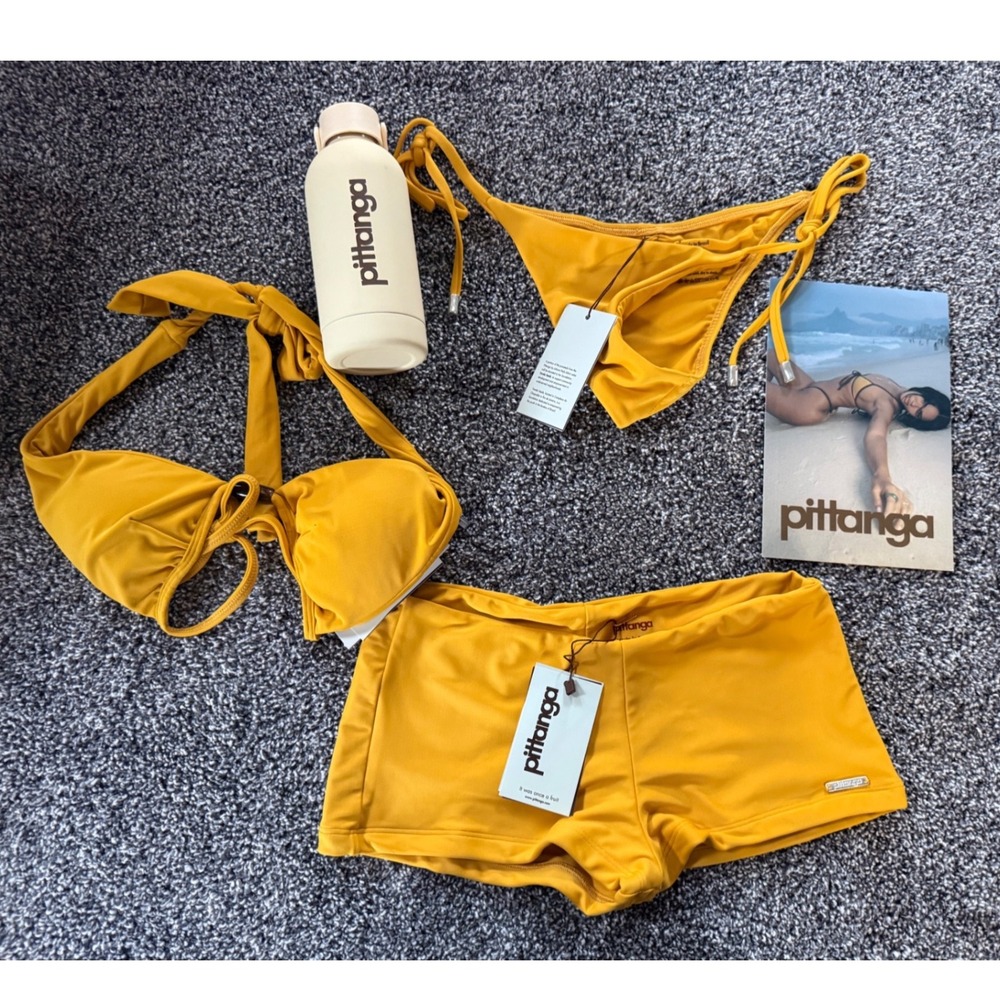 Pittanga 3 Piece Bikini Set with Water Bottle Mustard Yellow XS Made in Brazil
